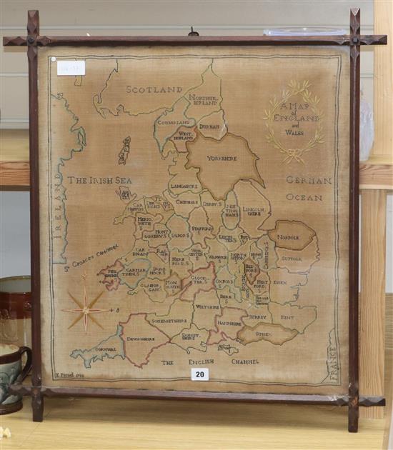 A framed sampler of England and Wales, dated 1785 62 x 56cm excl. frame